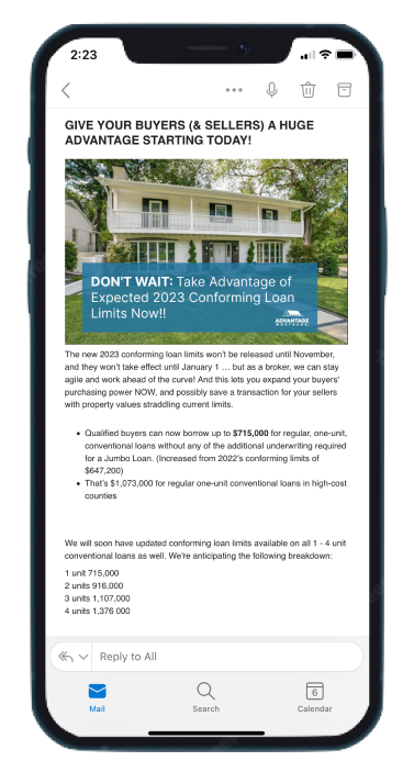 Advantage Mortgage email campaign displayed on a mobile phone
