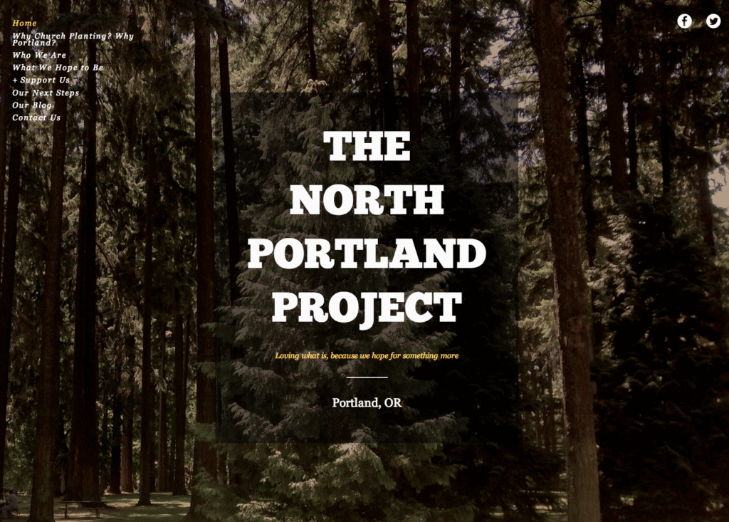 The North Portland Project homepage over a dark forest photograph